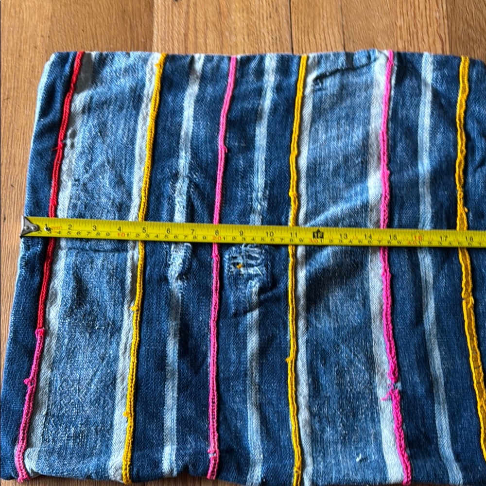 19 X 19 Handmade Striped Denim Fabric Pillow Cover with Pink and Yellow Accents